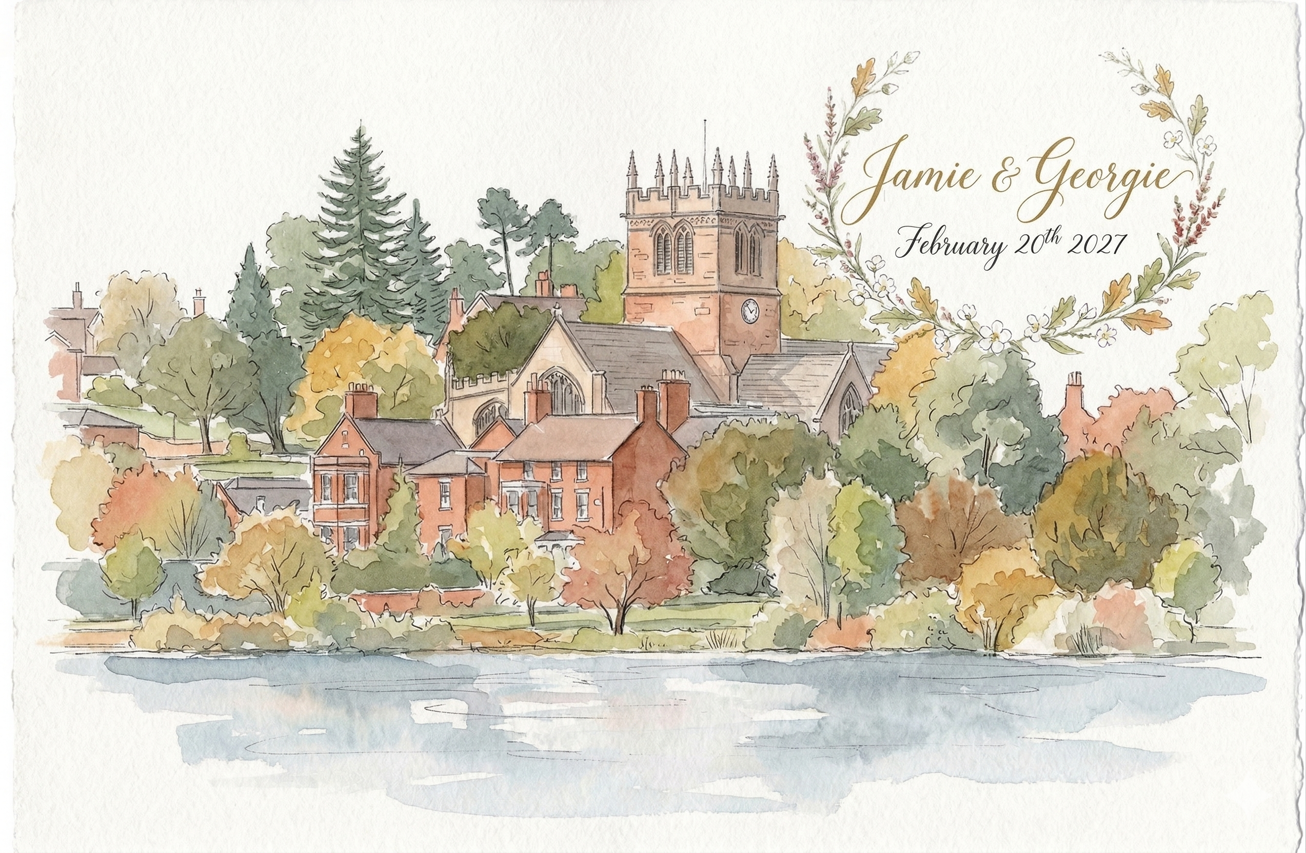 Watercolour illustration of St. Mary's Church, Ellesmere